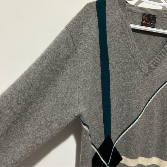 Vintage 80s Cashmere 100% Argyle V-Neck Academia Preppy Golf Vibes Grey M - Picture 6 of 16